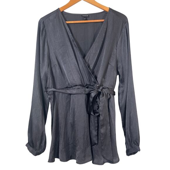 Torrid Babydoll Top 1 1X Gray Crepe Satin Belted Peplum Long Sleeve - Picture 1 of 9